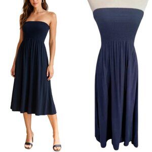 COTTON:ON Black Smocked Strapless High Low Midi Dress Size M